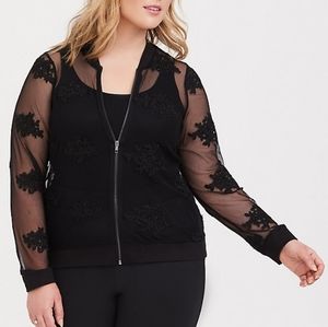 Torrid BLACK EMBROIDERED MESH BOMBER JACKET